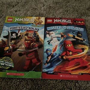 Lego Ninjago books.  Masters of Spinjitzu and Pirates vs Ninja —the Green Ninja